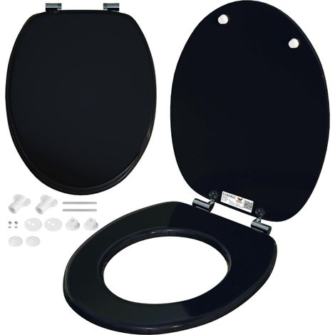 Abattant WC forme O en bois MDF noir à frein de chute, charnières métalliques (1/5)