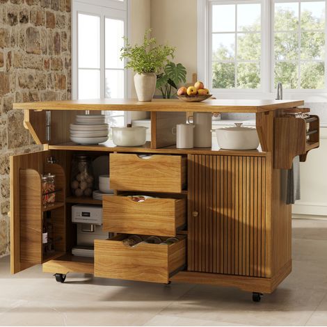 Carrello da cucina 142.5x80x95 cm, piano ribaltabile, 3 cassetti, ruote con freno, MDF marrone scuro (1/5)