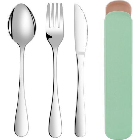 Set de couverts 3 pièces en acier inoxydable, avec étui, lavable au lave-vaisselle, idéal voyage et camping. (1/5)