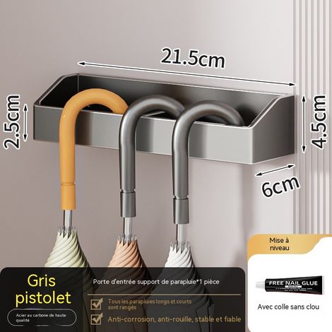 Porte-parapluies à long manche, gris, à coller sans perçage, pour entrée, avec égouttoir intégré