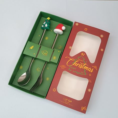 Coffret cadeau cuillère et fourchette en acier inoxydable sur le thème de Noël (argenté, ensemble de 2 pièces : petit sapin et bonnet de Père Noël) (1/4)