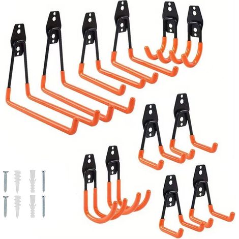 Ganchos de acero de alta resistencia para garaje, con revestimiento antideslizante para herramientas, escaleras y bicicletas, 12 unidades, color naranja. (1/5)