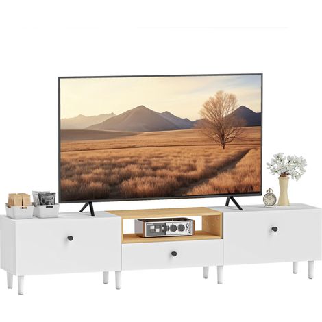 Meuble TV, adapté aux téléviseurs jusqu'à 90 pouces, avec 2 portes abattantes et des tiroirs, mesurant 200 x 35 x 45 cm, blanc. (1/5)