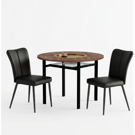 Ensemble table ronde avec 2 chaises noires, table à manger de 100 cm effet bois avec insert en verre brun et rangement (1/5)