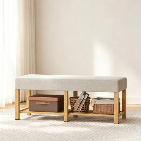 Banquette de rangement en bois de caoutchouc avec coussin en lin beige 120x44x48 cm (1/5)