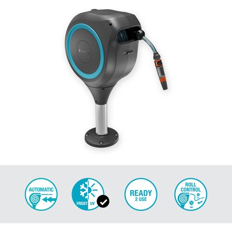 GARDENA Avvolgitubo da terrazzo RollUp M, tubo da 20 m incluso, riavvolgimento automatico, rotazione 360°, azzurro (18615-20)