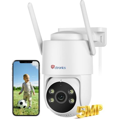 Ctronics Caméra Surveillance WiFi Extérieure 5MP - WiFi 5GHz/2.4GHz, Détection Humain Véhicule Animal, Suivi Auto, Vision Nocturne Couleur 30m, IP66