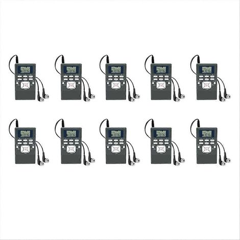 Packung mit 10 tragbaren PR13 FM-Stereo-Radios mit Digitaluhr zur Verwendung bei Konferenzen und religiösen Schulungen. (1/5)