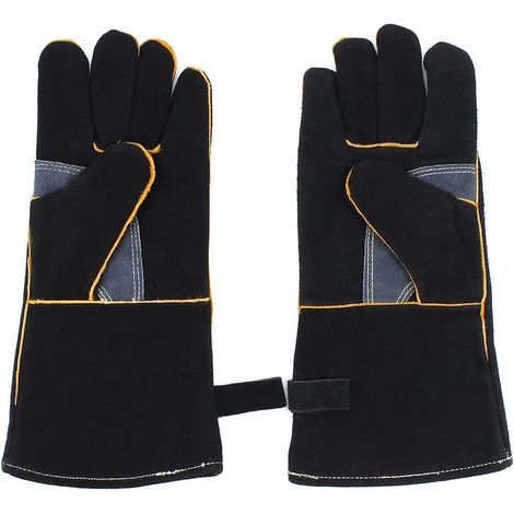 Guantes resistentes al calor y al fuego, guantes de soldadura para chimenea, estufa, horno, parrilla, soldadura, barbacoa, agarradera, guantes protectores de cuero de vaca de 35,5 cm (14 pulgadas) (1/5)