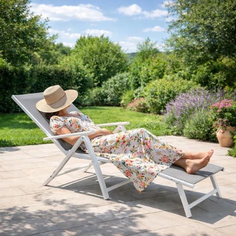 Chaise longue aluminium blanche 175x66cm en toile textilène (1/5)