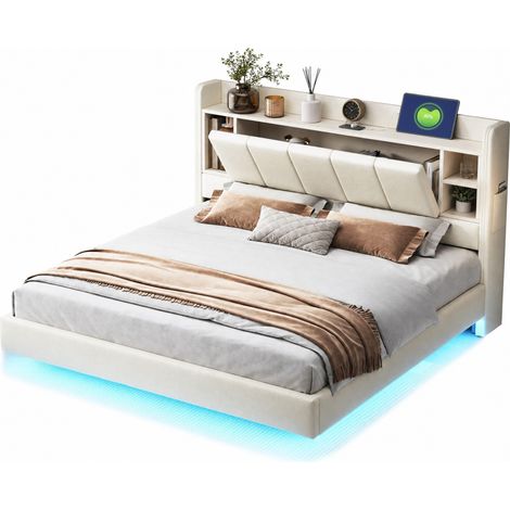 Lit rembourré 160x200 cm avec bande LED, port USB, tête de lit réversible avec rangements, cadre métal robuste, tissu beige, idéal pour chambre adulte et ado - CHICFURN (1/5)