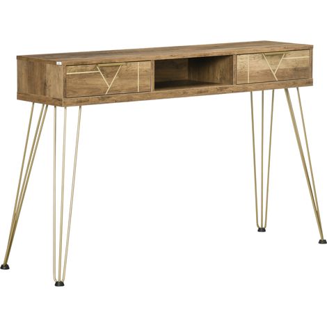 Console d'entrée 2 tiroirs étagère ouverte pieds acier 120x29x79 cm bois bronze (1/5)