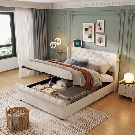 Comanlai - Lit coffre 160x200 cm, Lit Capitonné avec USB et 2 Lampes de Lecture, Cadre de Lit Double avec sommier, rangements hydrauliques, Velours, Beige (1/5)