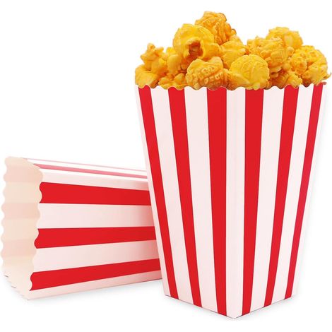 boîtes à pop-corn rouges pour pop-corn, petits conteneurs à bonbons, cinéma, pop-corn, en papier, pour fêtes, soirées cinéma, fêtes d'anniversaire (rayures rouges et blanches) (1/5)