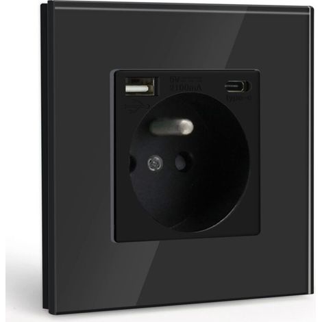 Presa a muro con porta USB e 1 porta Type-C, alimentazione CA nera con pannello in vetro cristallo, ciabatta multipresa con USB (max 2.1A), adatta per smartphone e tablet