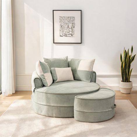 Canapé rond en tissu chenille vert menthe avec 5 coussins et pouf (1/5)