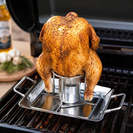 Plat à rôtir Poulet 2-en-1 Acier Inoxydable 430 Poignées Confortables Support Canette pour Barbecue Four 24.5x19cm (1/5)