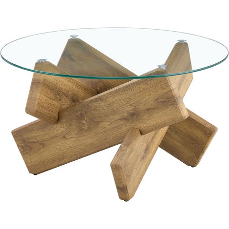 Table basse ronde en MDF et verre, plateau en verre trempé 0,8 cm, pied croisé en bois, diamètre 79 cm, hauteur 45 cm (1/5)