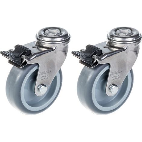 Roulette - EC2903 - 75mm - Inox - Pivotante avec frein - Charge 120kg - Ensemble de 2 (1/4)