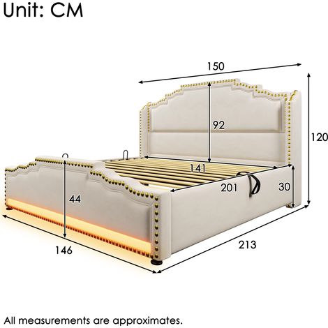 Lit rembourré 140×200cm beige en velours,hydraulique,LED,USB‑C,rangement,base à lattes,lit double vendu avec matelas (1/5)