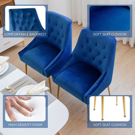 Chaise de Salle à Manger Bleue en Velours, Dossier Matelassé avec Accoudoirs, Pieds Métalliques Dorés, Poignée Décorative Dorée, Chaise de Repas Élégante (1/5)