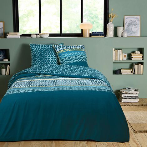 Parure de lit double en microfibre lavée 200x200cm – Imprimé ethnique réversible – Toucher effet peau de pêche – Certifiée Oeko-Tex® – Future Home