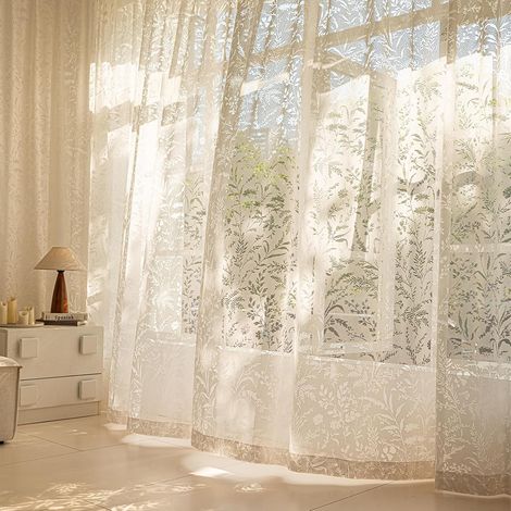 Voilages beige clair effet dentelle florale, passe-tringle, L132 x H183 cm (1/5)