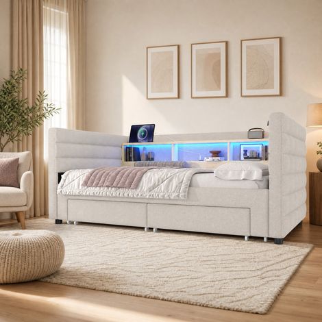 Lit banquette 90x190 cm en velours beige, avec rangement et LED pour chambre FloraGrace (1/5)