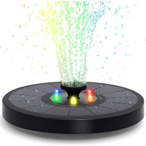 Fontaine solaire améliorée pour bain d'oiseaux, avec batterie 2000 mAh, LED couleur, 7 buses, protection de sécurité et pompe à eau solaire pour bain d'oiseaux, bassin et jardin. (1/5)