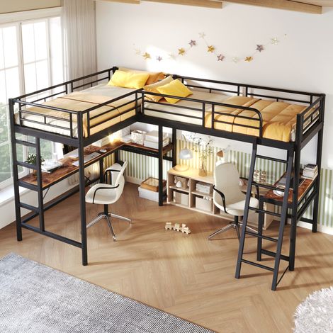 Letto a castello angolare 90x200 cm con 2 posti letto, scrivanie e scale, nero OKMYHOME (1/5)