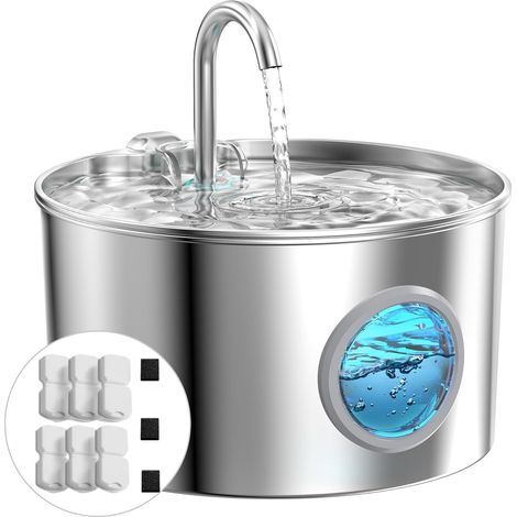 Fontaine a Eau Chat INOX: avec 6 Filtres + 3 éponges - 2,2L Fontaine à Eau pour Chat - Distributeur Eau Chat Automatique - Silencieux Fontaine Eau Chat - Gardez l’Eau Propre (1/5)