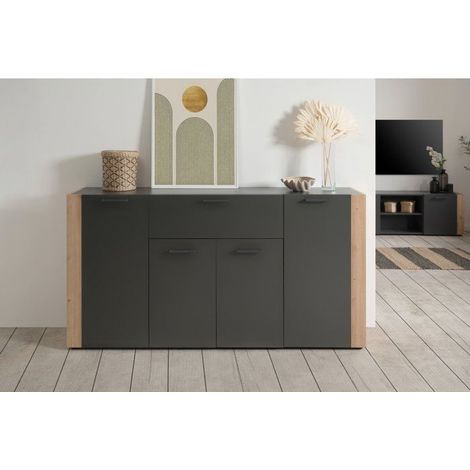 Buffet CENTO - Gris Anthracite & Chene Artisan - 4 portes, 1 tiroir - 162 x 35 x 85 cm