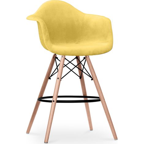 Bar Stool Velvet Upholstered Scandi Design Wooden Legs - James Wood with armrests Yellow
