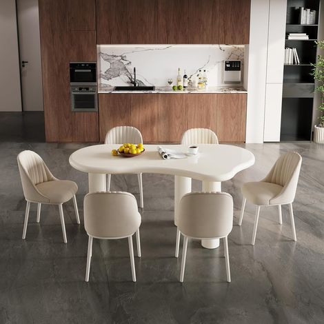 Ensemble de table à manger irrégulière pour 6 personnes, 7 pièces pour 6 personnes, chaises de cuisine modernes du milieu du siècle pour la maison, la cuisine, le salon, blanc