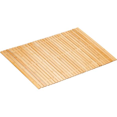 Tapis de Bain, Descente de Douche en Bambou, antidérapant, Enroulable, 80 x 50 cm, Nature et Blanc (1/5)
