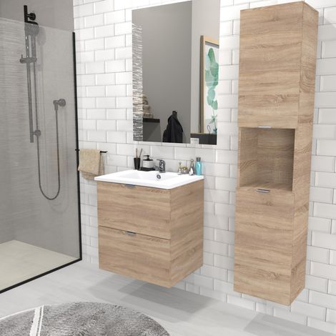 Le Quai Des Affaires – Meuble sous vasque 60 cm avec vasque en résine – Miroir grand format L70 x H100 cm – Colonne 2 portes décor chêne blanchi – Fixation murale
