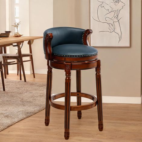 Tabouret de bar bleu classique en cuir véritable et bois massif (1/5)