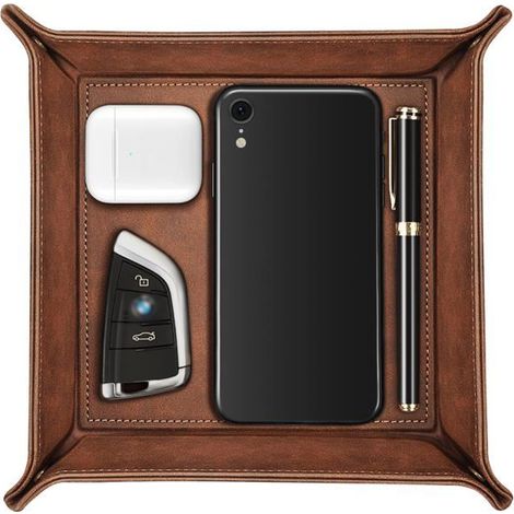 BelleRise - Plateau de rangement de bureau - Plateau de chevet/table de nuit en cuir PU de qualité supérieure, marron (1/4)