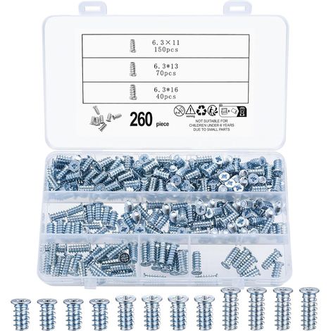 260 Pcs Vis Euro pour Meubles, Tête Fraisée Pozidriv 6,3 x 11/13/16 mm (1/5)