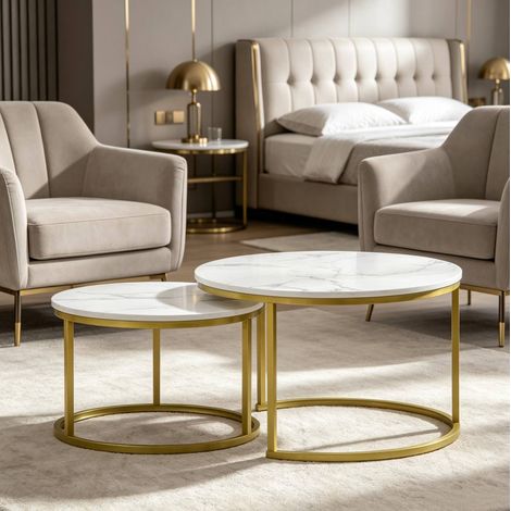 Couchtisch-Set 2-teilig Ø 74/59 cm in Weiß Marmoroptik mit goldfarbenem Stahlgestell (1/5)