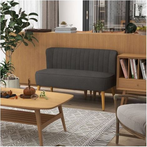 Canapé Droit 117x56.5x77cm Tissu Effet Lin Gris Foncé Minimaliste - Canapé 2 Place - Pieds Bois Massif, Assise Épaisse 20cm, Confort (1/5)