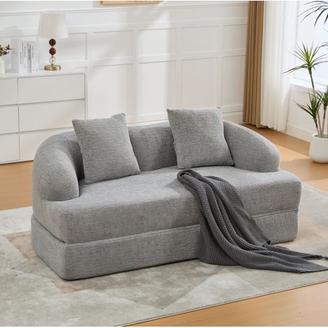 Sofá cama 2 plazas de chenilla gris claro con 2 cojines HAVRYA (1/5)