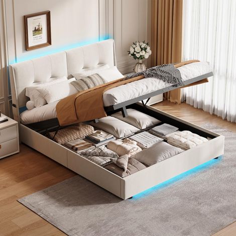 Cama canapé 160 x 200 cm, cama doble para adultos con iluminación LED RGB, somier de láminas, bolsillos de almacenaje, terciopelo, beige (1/5)