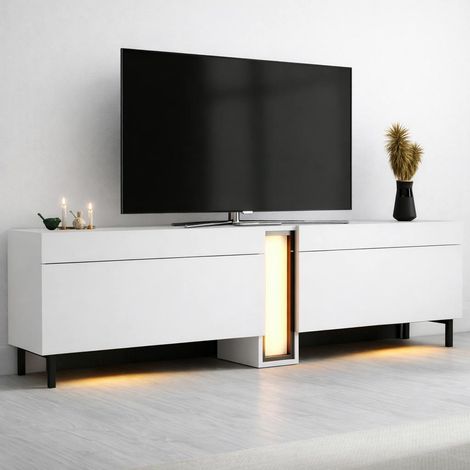 Meuble TV 2 portes blanc colonne LED à télécommande AURA