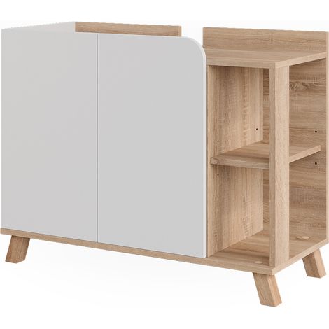 Mobile sottolavabo per bagno Karen, Sonoma/Bianco, 80 x 65 cm con 2 porte, Vicco