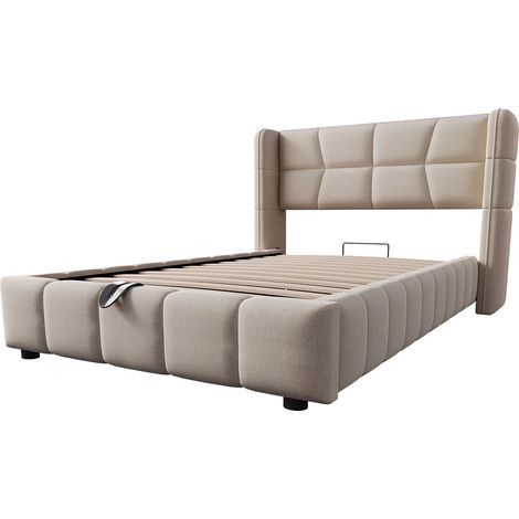 Letto contenitore imbottito 90 x 200 cm con rete a doghe, testiera e sollevamento, beige (1/5)