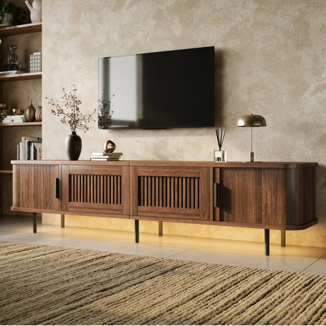 Mobile TV 180 cm con 2 cassetti, ante scorrevoli e LED controllabile via app, noce DESVIAE (1/5)