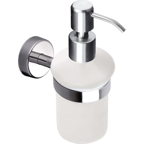 Distributeur de savon liquide avec support, verre dépoli, fixation murale, finition acier inoxydable poli (1/5)