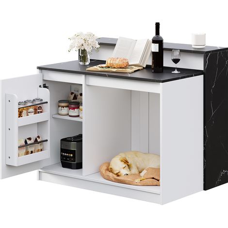 CAIziÎlot de cuisine, îlot de cuisine avec comptoir de bar, table de cuisine et comptoir de bar, table de cuisine multifonction, avec espace de repos pour animaux, pour cuisine et salle à manger, blan