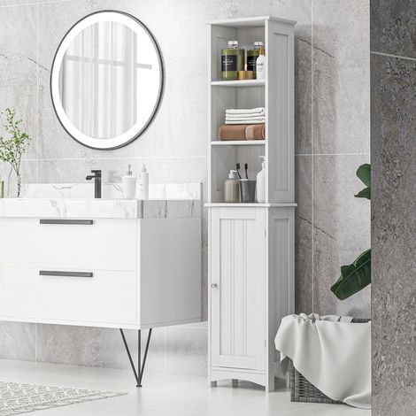 Columna de Baño con 3 Compartimientos Puerta y Estantes Ajustables para Ducha Aseo 34x23x165 cm Blanco (1/5)